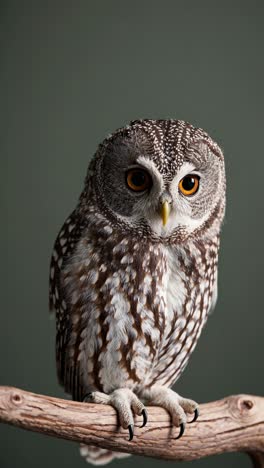 Close-up of a speckled owl perched on a branch against a muted green background, shot from a frontal