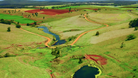 vuelo de drones sobre arroyos y campos coloridos en las mesetas de atherton, queensland, australia