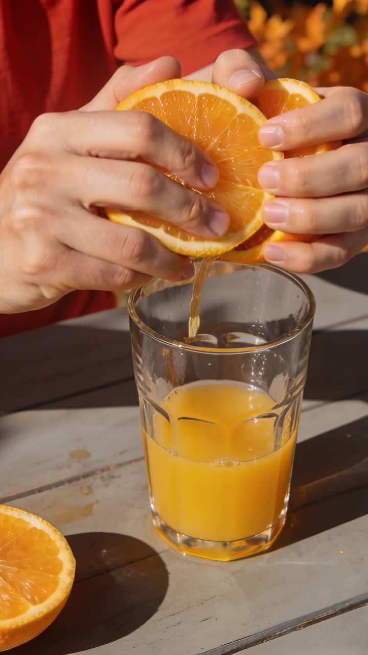 Video vertical: Hombre presionando y girando mitades de naranja sobre un vaso en una mesa, exprimiendo para obtener jugo.