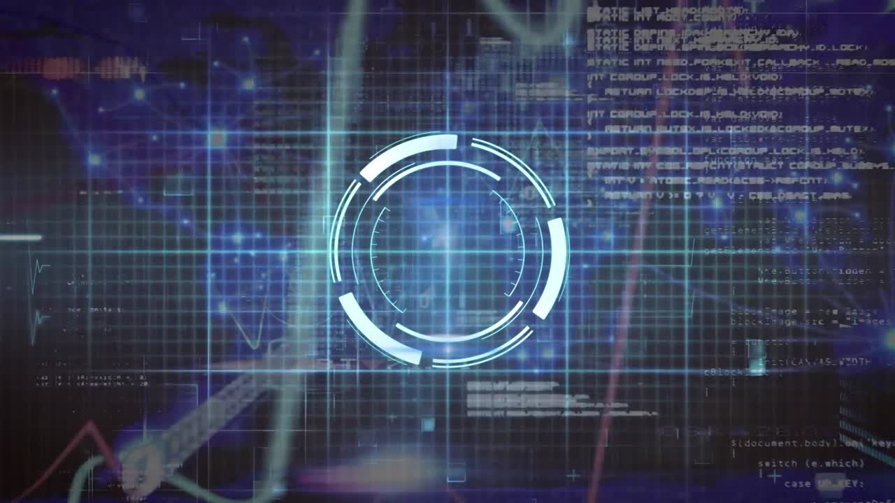 animación de un escáner redondo de neón y un monitor de frecuencia cardíaca contra un fondo azul