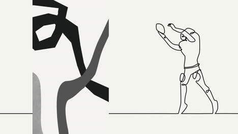 animation of drawing of male rugby player catching ball and shapes on beige background