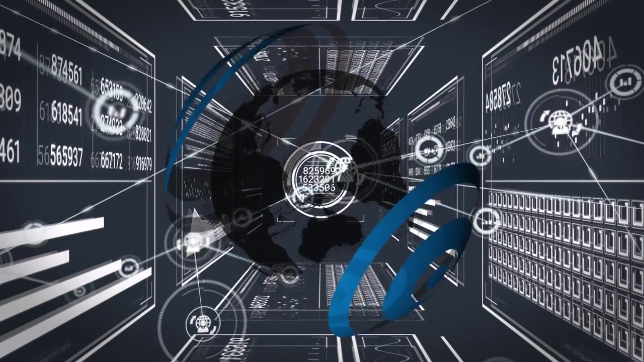 Animation of globe, data processing and network of connections