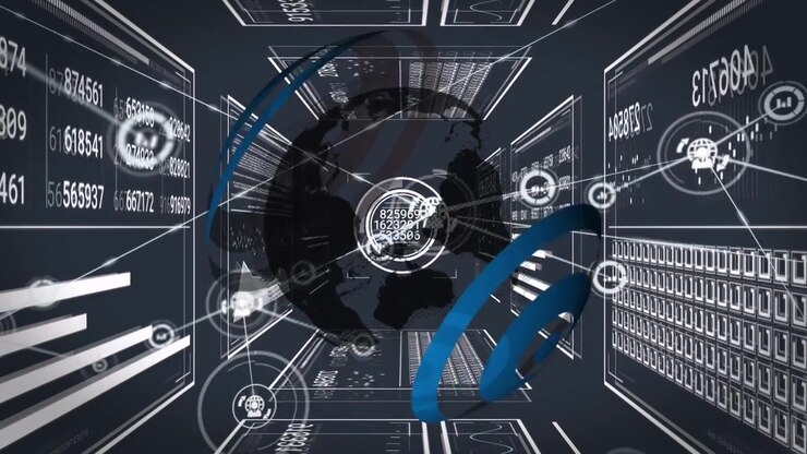 Animation of globe, data processing and network of connections