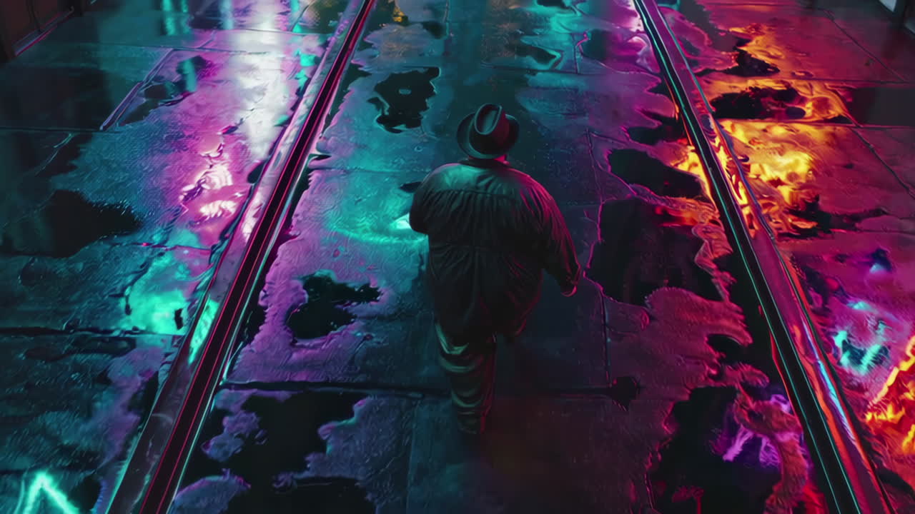 Nighttime Urban Scene with Neon Lights and Reflections