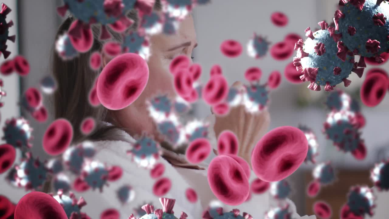 анимация вирусных клеток над кавказской женщиной, кашляющей