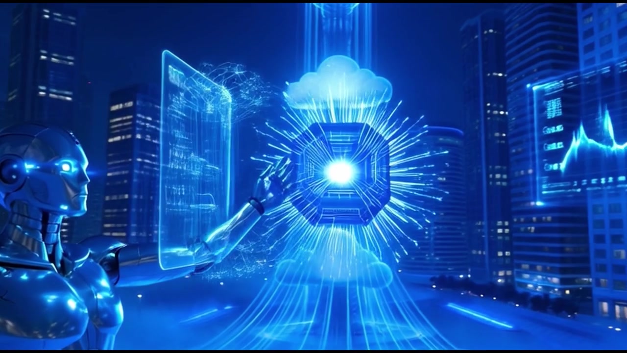 Futuristic Robot Interacting with Digital Cloud Data in Smart City