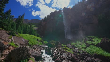 summer telluride box canyon bridal veil falls waterfall colorado landscape pan down slowly cliffside powerhouse hydroelectric power plant black bear pass board sunny blue sky clouds mist spray scenery