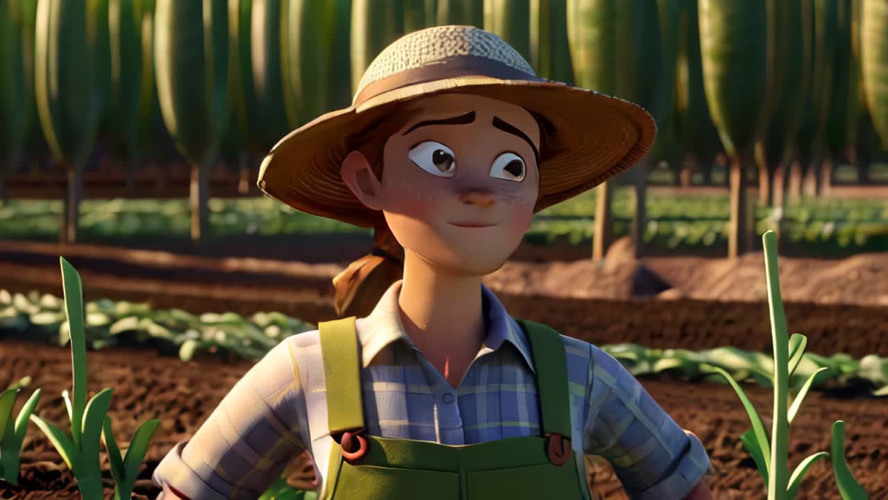 A woman farmer wearing a straw hat and apron stands in a field of green plants