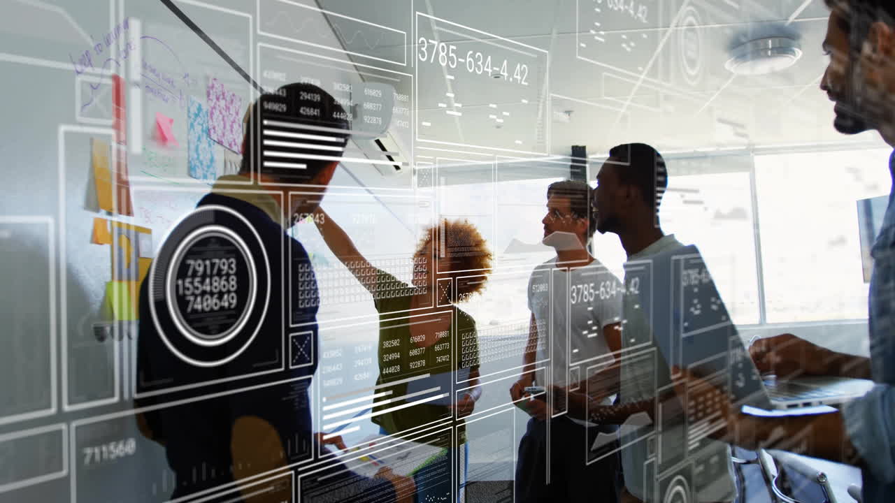Animation of data processing and diagrams over diverse business people discussing work