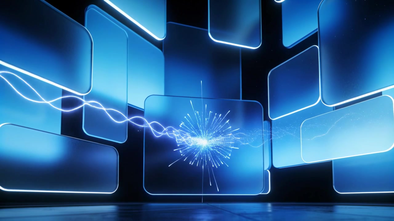 Arco di energia proveniente da destra diretto verso un pannello centrale illuminato in un set virtuale, caricando i cerchi