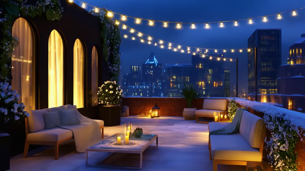 Um oásis aconchegante na cobertura à noite com móveis elegantes para áreas externas, luminárias e uma vista deslumbrante da cidade, perfeito para relaxamento e encontros sociais sob as estrelas em um ambiente urbano