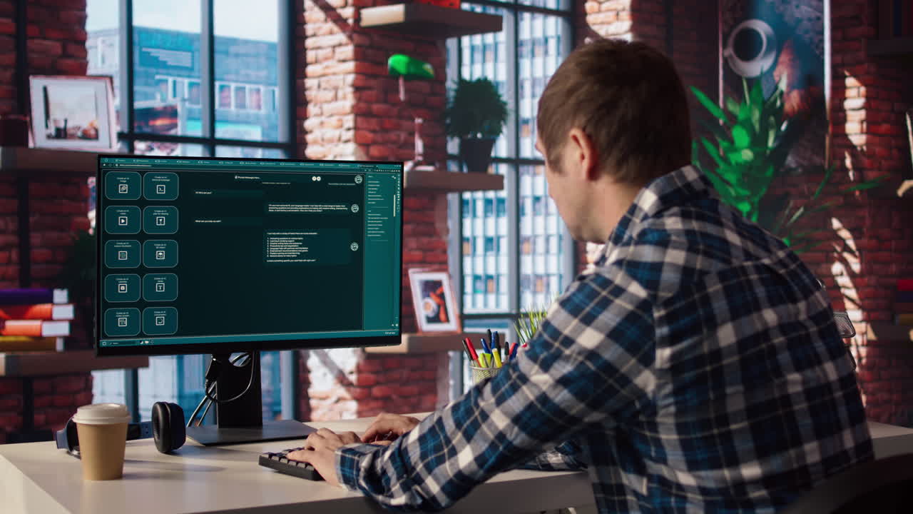 hombre en casa haciendo preguntas a ai llm chatbot asistente virtual
