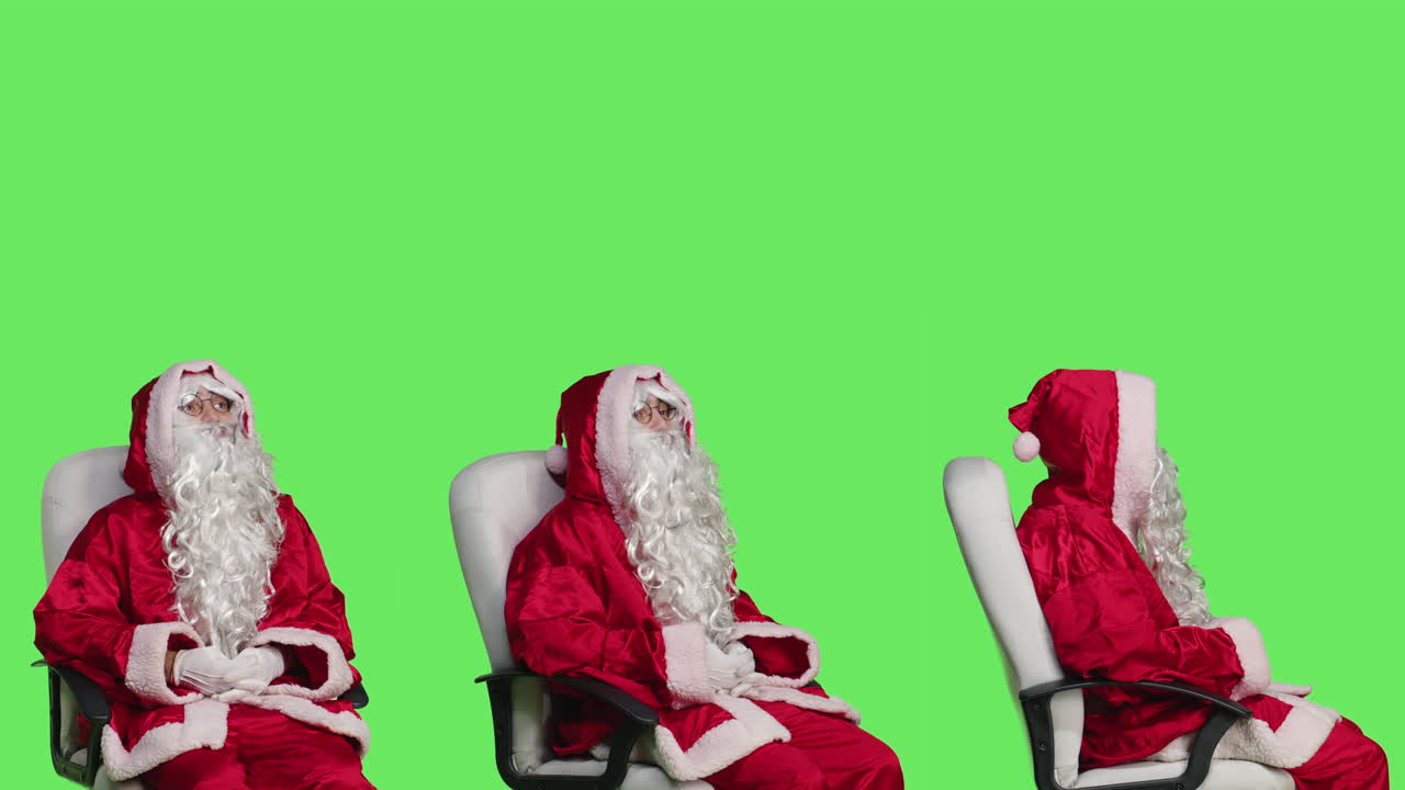 Santa Claus in an office chair with a green screen background
