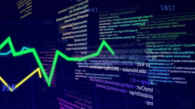 Animation of financial data processing and lines over dark background