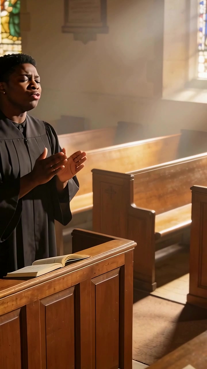Vertical video: Singing man reading hymnal at lectern in church, wearing black robe, leading hymn