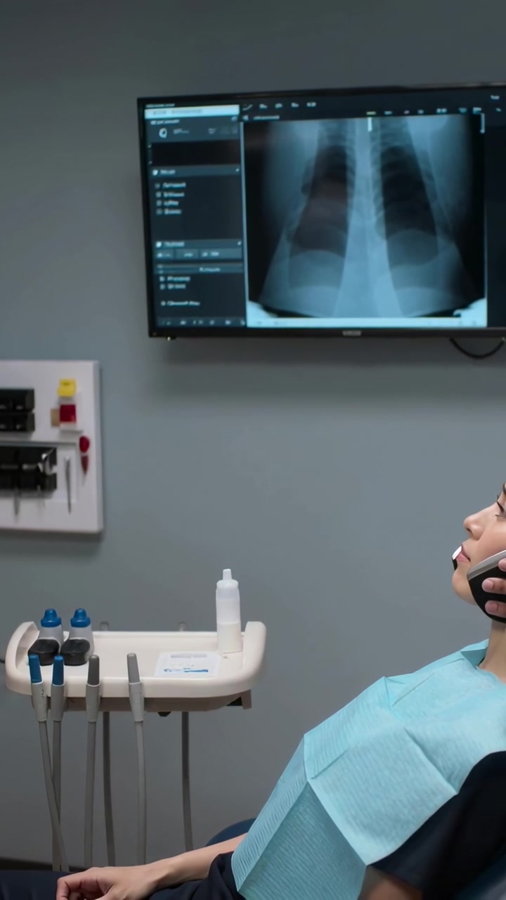 Vertical video: Answering patient wearing bib on phone in clinic, viewing Xray monitor, copy space