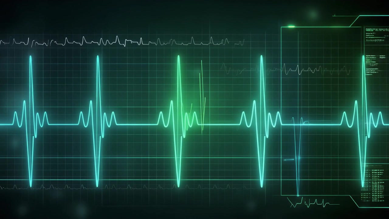 Monitor Digital de Batimentos Cardíacos Exibindo Pulso de ECG em Tela Verde