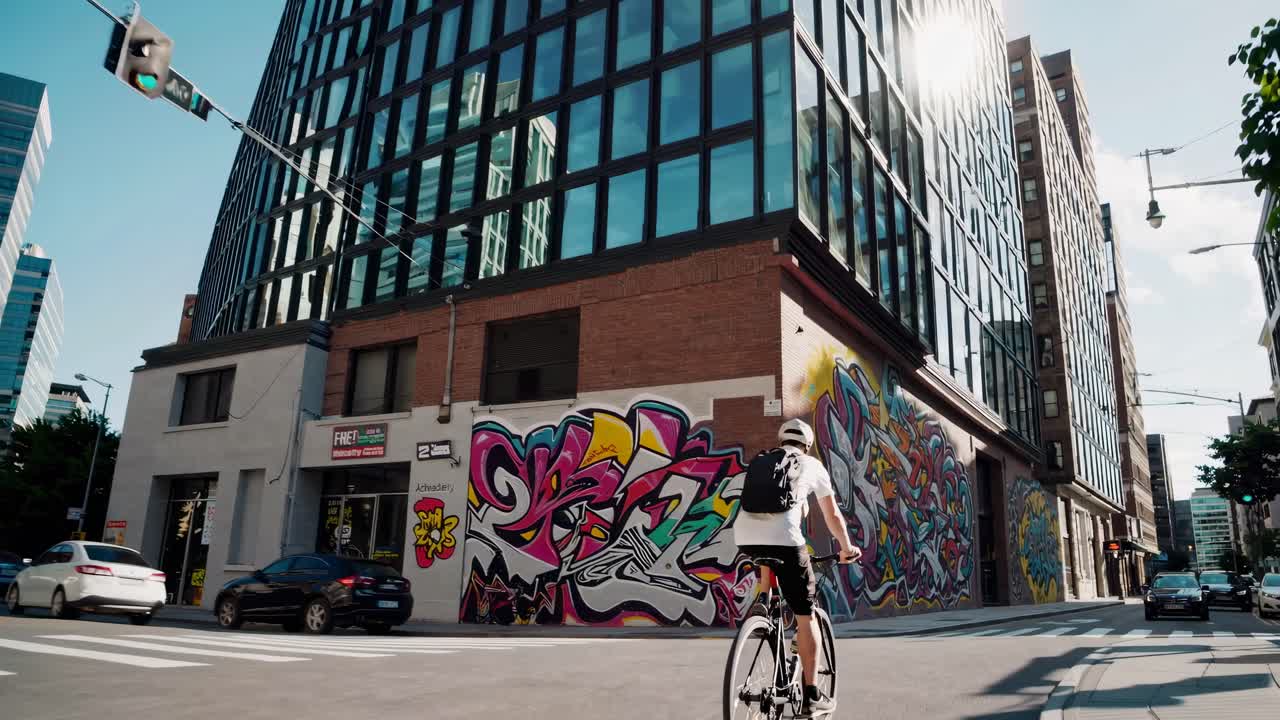 Urban videoscen med en cyklist i förgrunden, fångad från en låg vinkel, som visar upp livfulla