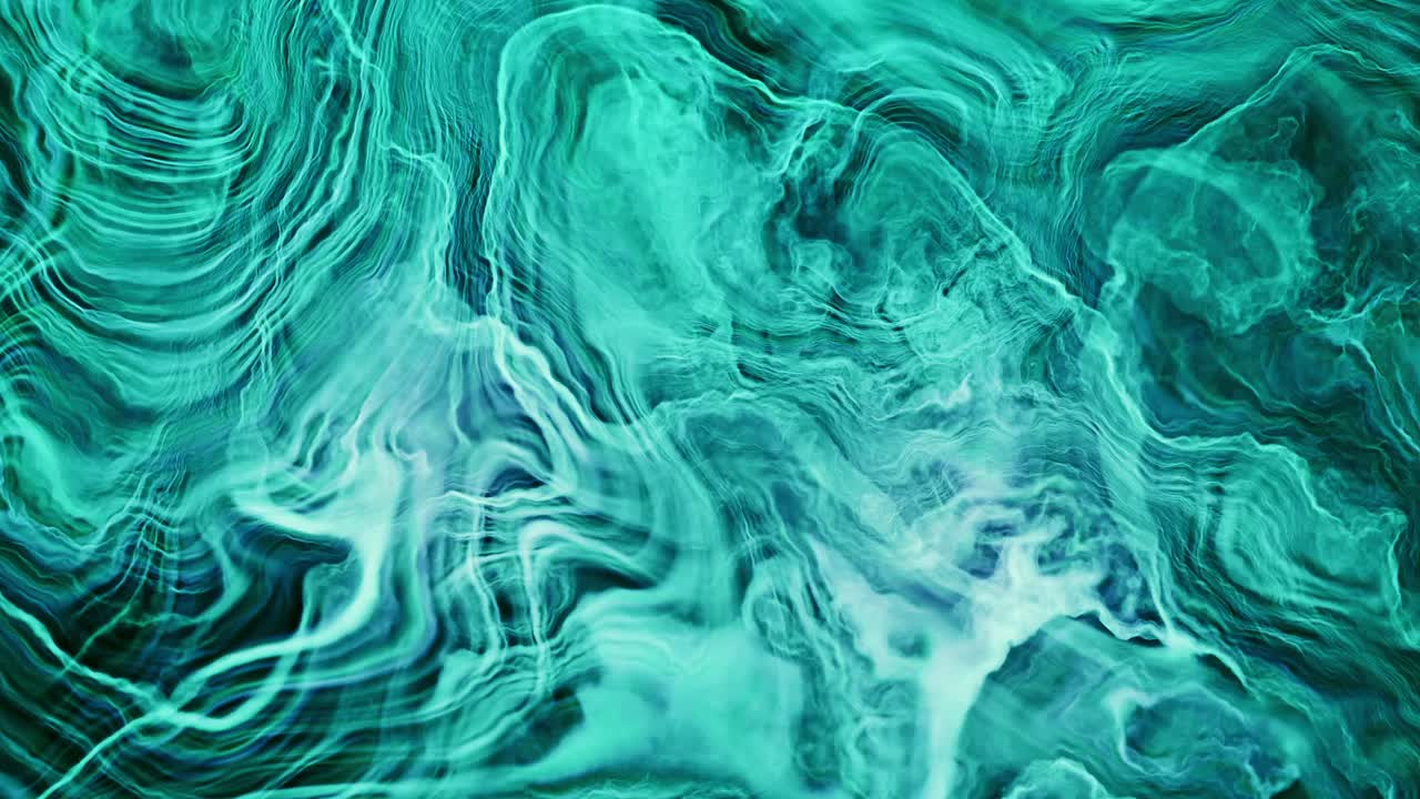 아쿠아마린 그린 블루 흐르는 액체 추상, 접힘 및 매끄럽게 반복되는 진화하는 왜곡된 파도, 편안하고 매력적인 배경 비디오