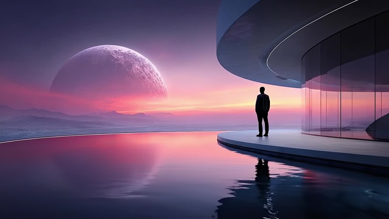 A man standing in front of a futuristic building looking at the sunset
