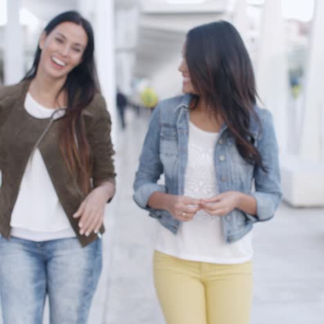 Zwei-Junge-Frauen,-Die-Eine-Promenade-Entlangschlendern