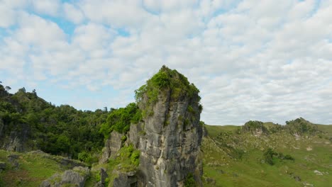 Gran-Pilar-De-Piedra-Caliza-De-Roca-Con-Vegetación-Nativa-En-Nueva-Zelanda