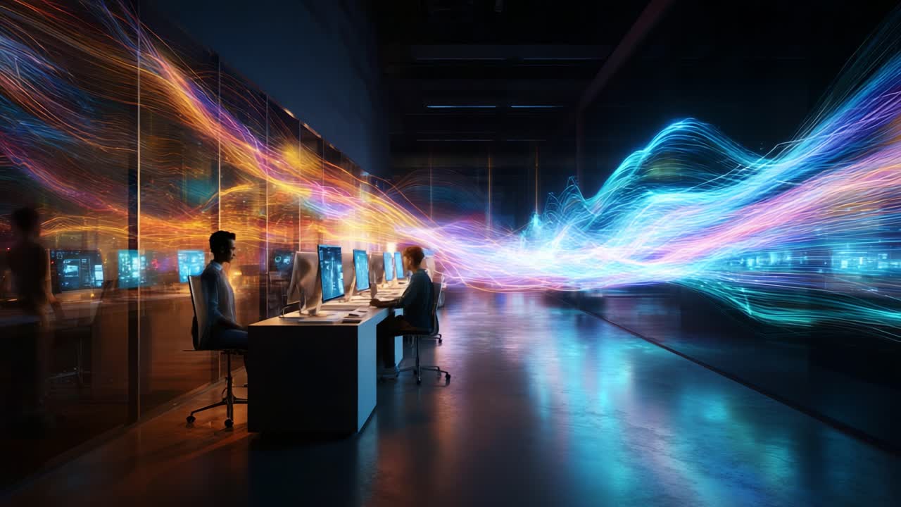 Exploring the Fusion of Technology and Energy in a Modern Digital Workspace: A Captivating Glimpse into the Dynamic Flow of Data and Innovative Ideas Across a High-Tech Environment