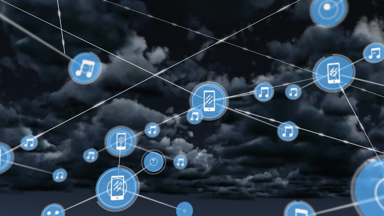 Network of digital icons against dark clouds in the sky