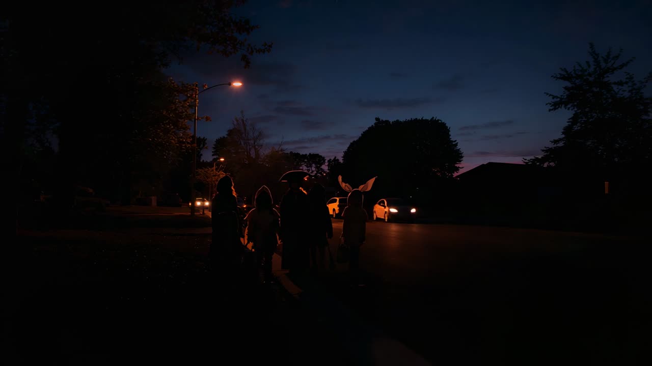 Autokoplampen die kinderen die langs de deuren gaan voor snoep en begeleiders verlichten die op de stoep lopen met lantaarns