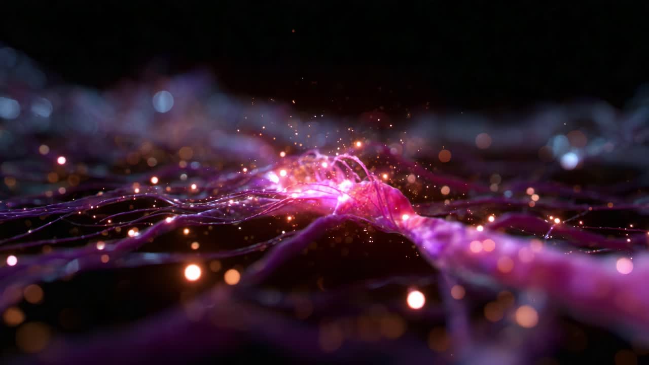 Un viaggio etereo attraverso una rete vibrante e interconnessa di colori brillanti e particelle luminose, che mette in mostra la bellezza dell'arte digitale astratta in movimento