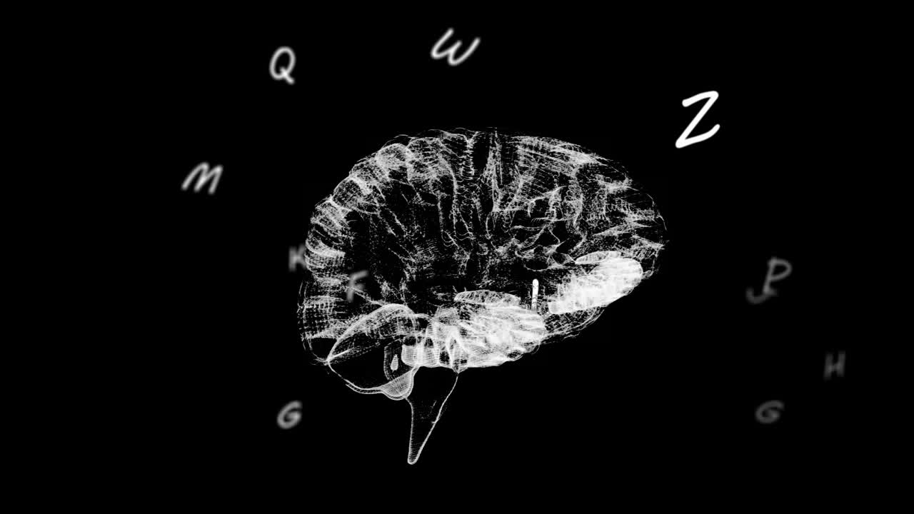 múltiples alfabetos cambiantes flotando contra el cerebro humano girando contra un fondo negro