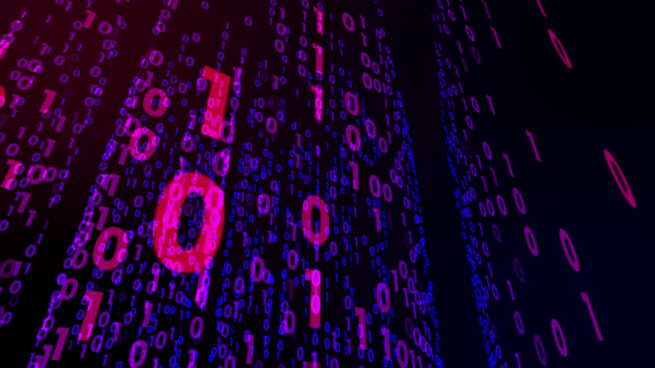 4K motion graphic of Digital technology with binary digits light path in line information data abstract background, future data technology of cyber programming concept in red neon theme