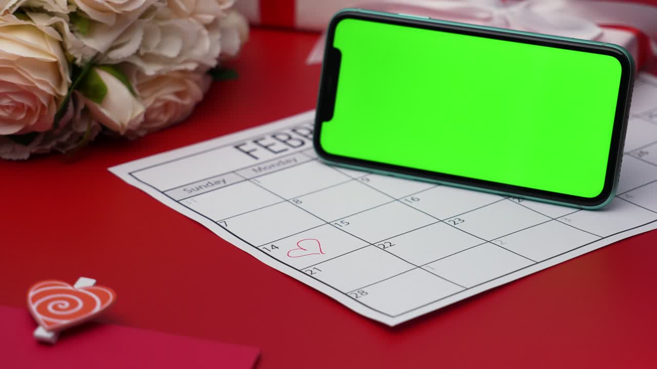 vista superior del teléfono inteligente con pantalla verde tecla de croma en la mesa roja en posición horizontal. fondo romántico con un calendario en el que el 14 de febrero está rodeado por un corazón rojo. cerca. cámara lenta