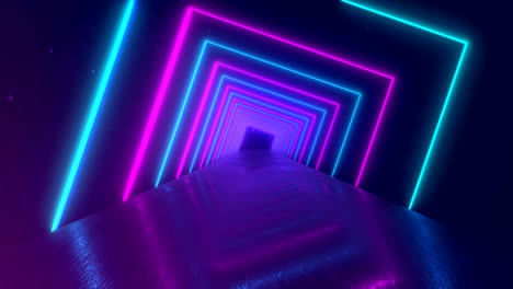 abstract motion geometric background, glowing neon squares creating a rotating tunnel, blue pink purple spectrum, fluorescent ultraviolet light, modern colorful lighting, 4k seamless loop animation
