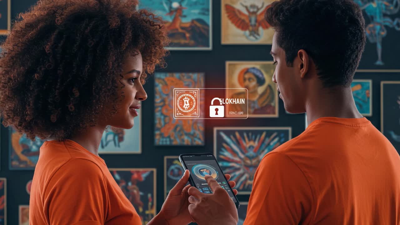 A Young Couple Engages in Digital Interaction Amidst Colorful Artwork, Highlighting the Intersection of Technology and Creativity in a Modern Setting