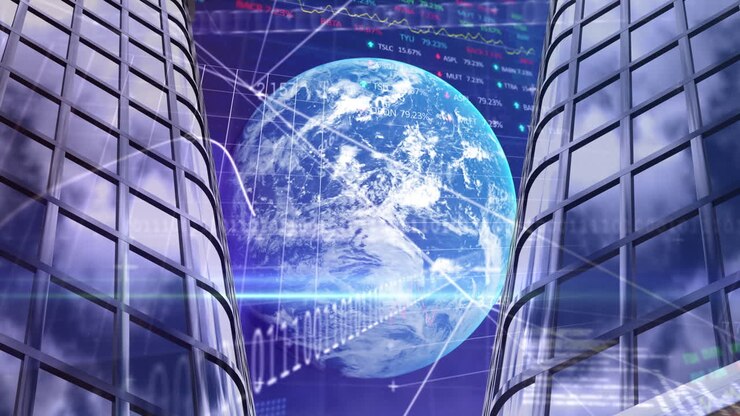 Elaborazione di dati di mercato azionario su globo e grattacieli con sfondo blu