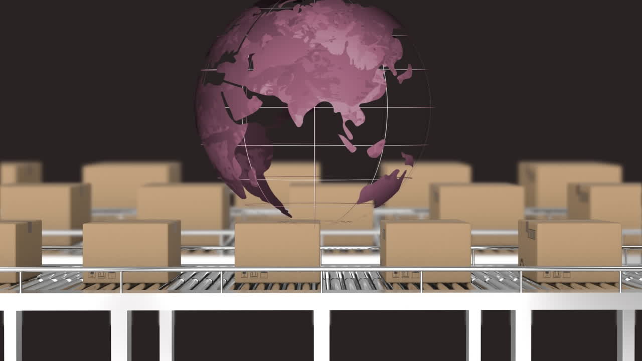 컨베이어 벨트에 있는 여러 배달 상자에 대해 회전하는 지구의 디지털 애니메이션