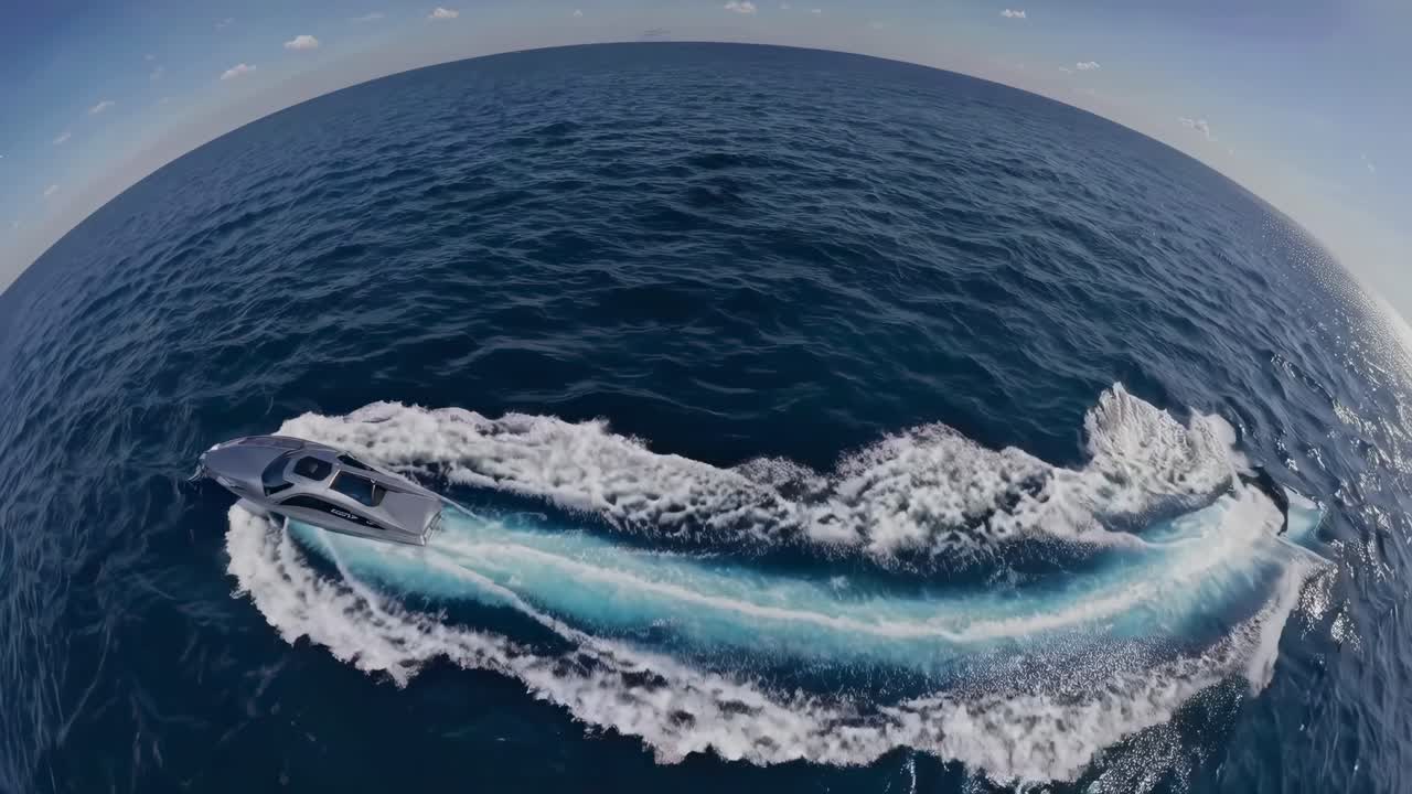 vista de ojo de pez de un bote de velocidad en el océano