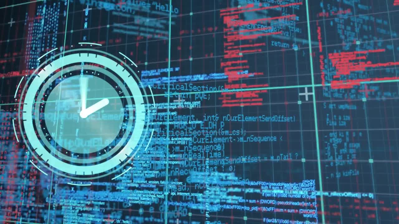 animación de reloj digital con lenguaje de programación multicolor y patrón de cuadrícula