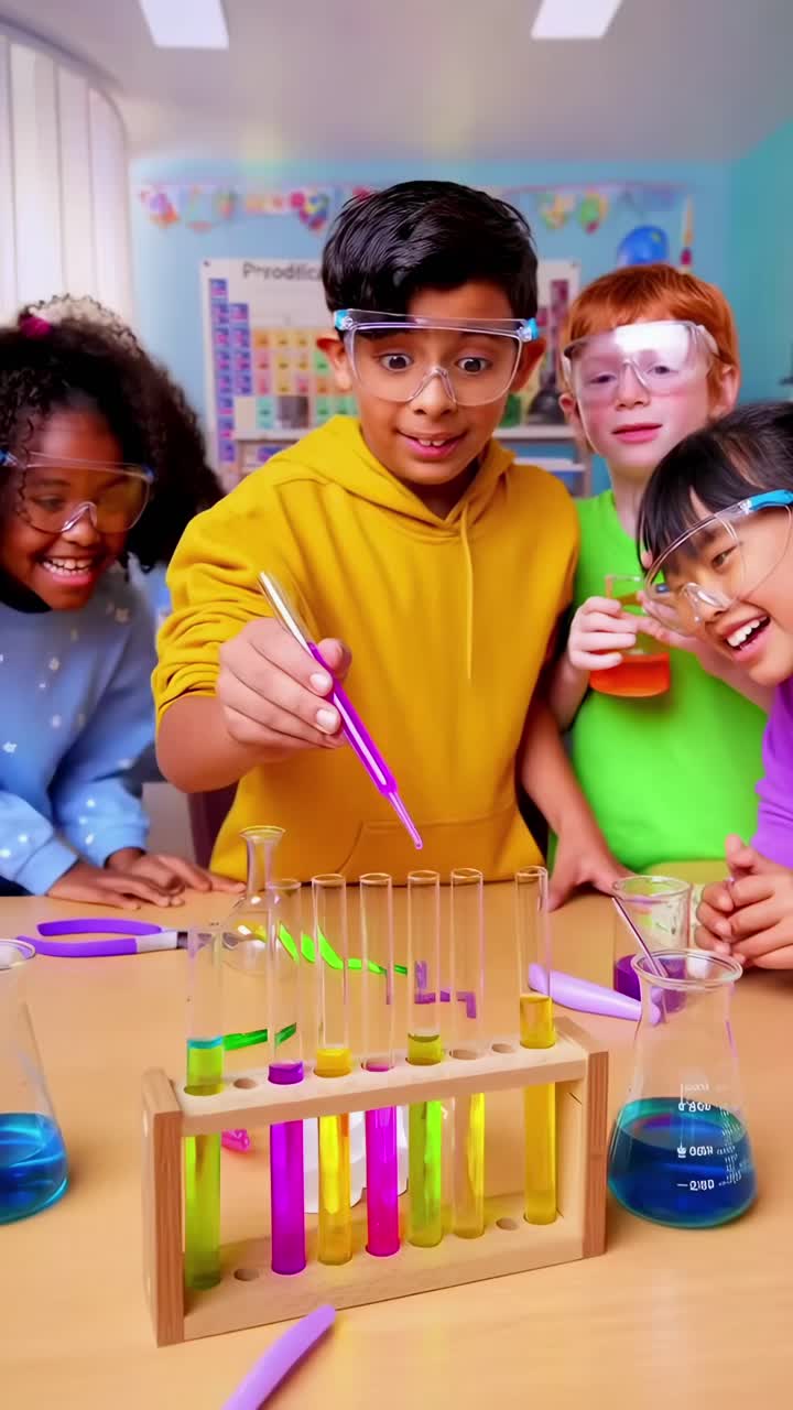 High-angle video of diverse kids in a lab, excitedly experimenting with colorful liquids