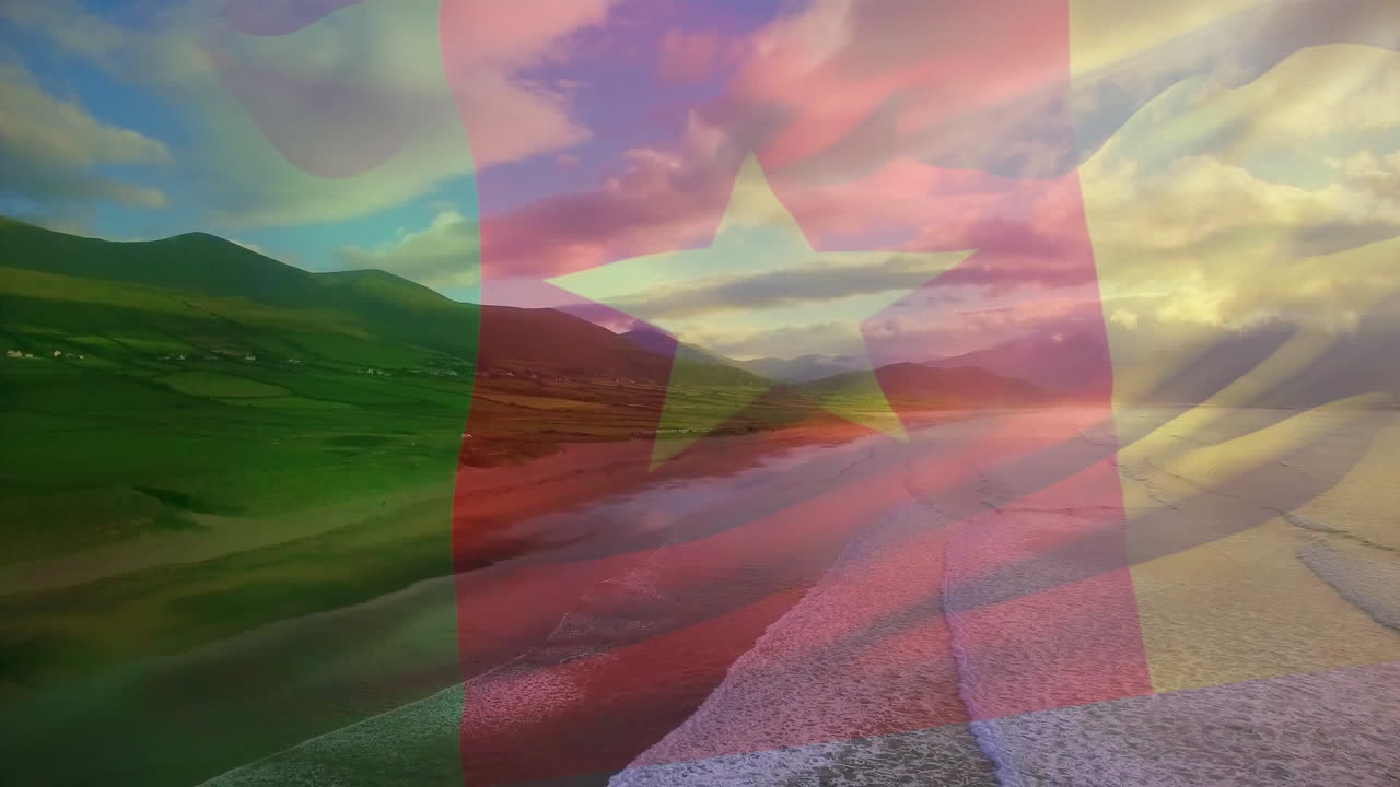 카메룬의  ⁇ 발이 해변 해양 풍경 위에서 날아다니는 애니메이션