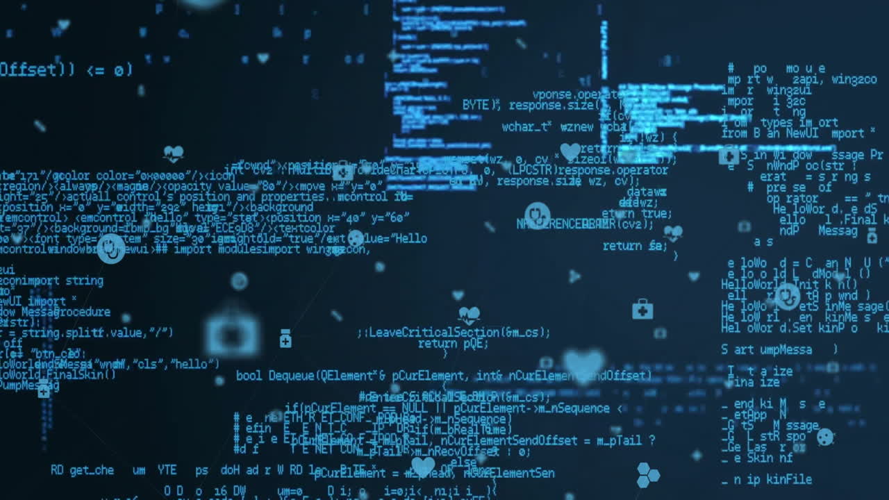 Computer code and icons animation over dark background with floating particles