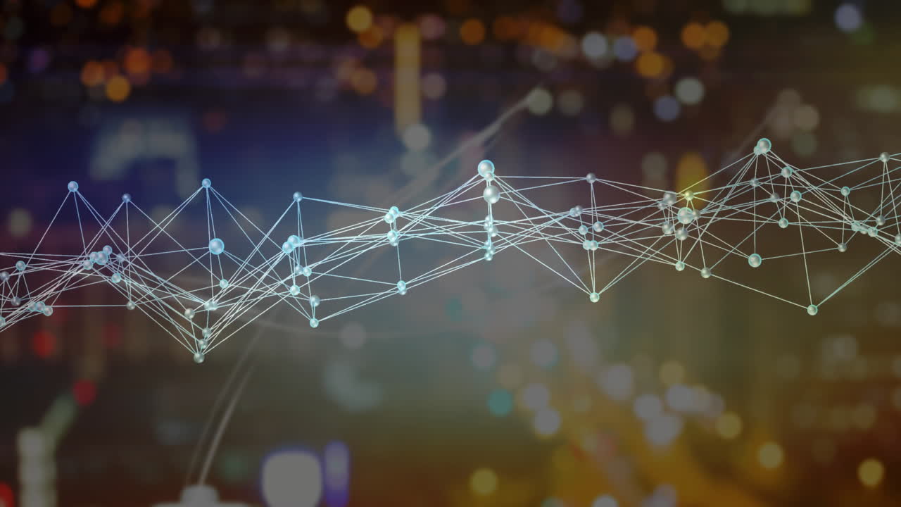 Network of connections and data processing animation over blurred city lights