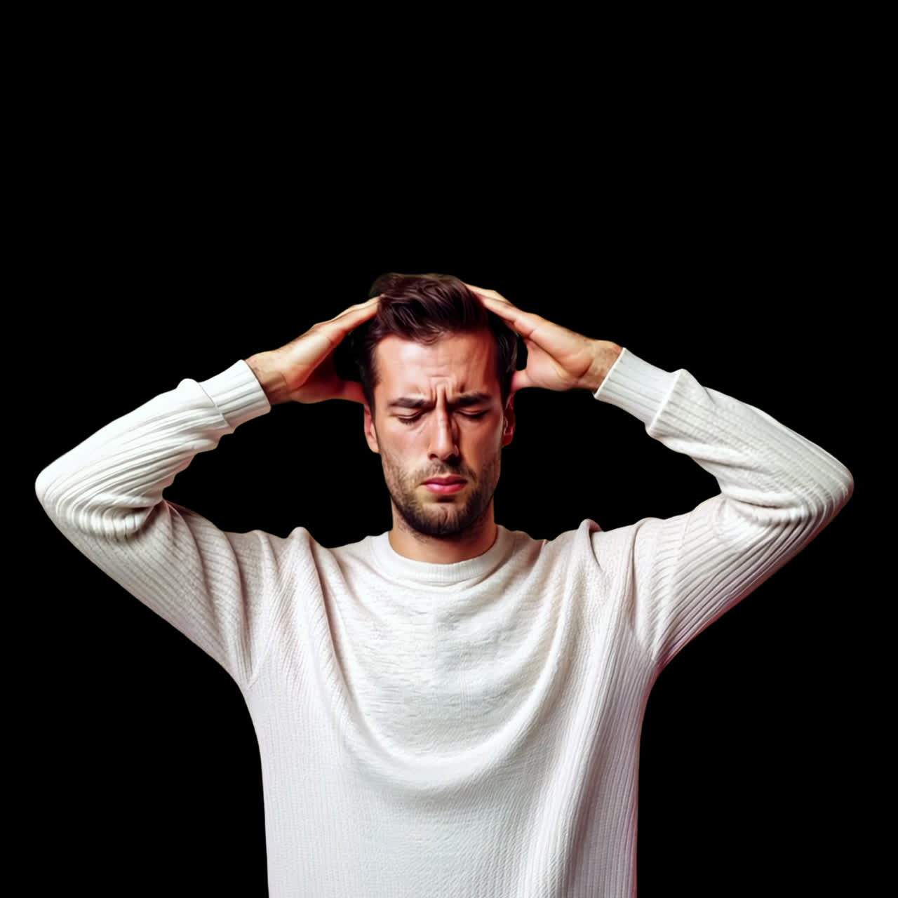 Frustrated man holding head animation isolated asset, transparent 4K video, alpha channel, ProRes