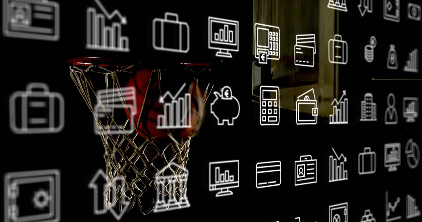 Kaydırılan finans simgeleri, ardından potadan geçen basketbol ve pazarlama için değişen simgeler.