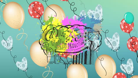 animation of flying balloons over colorful graphics