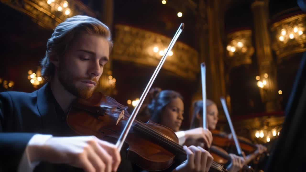 Eine fesselnde Orchesteraufführung präsentiert einen talentierten Geiger und seine Mitmusiker, eingehüllt im warmen Glanz der Kronleuchter eines großen Theaters.