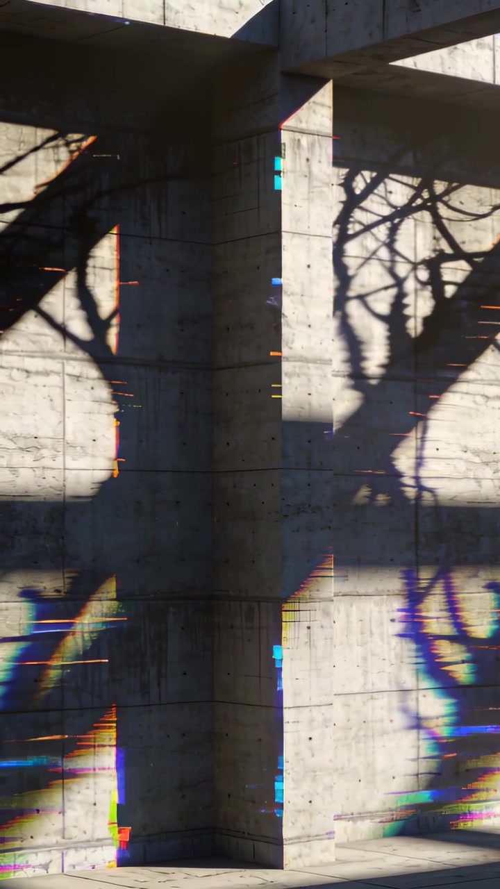 Vertical video: Casting sunlit concrete facade showing beam shadow with breeze moving twigs, glitch