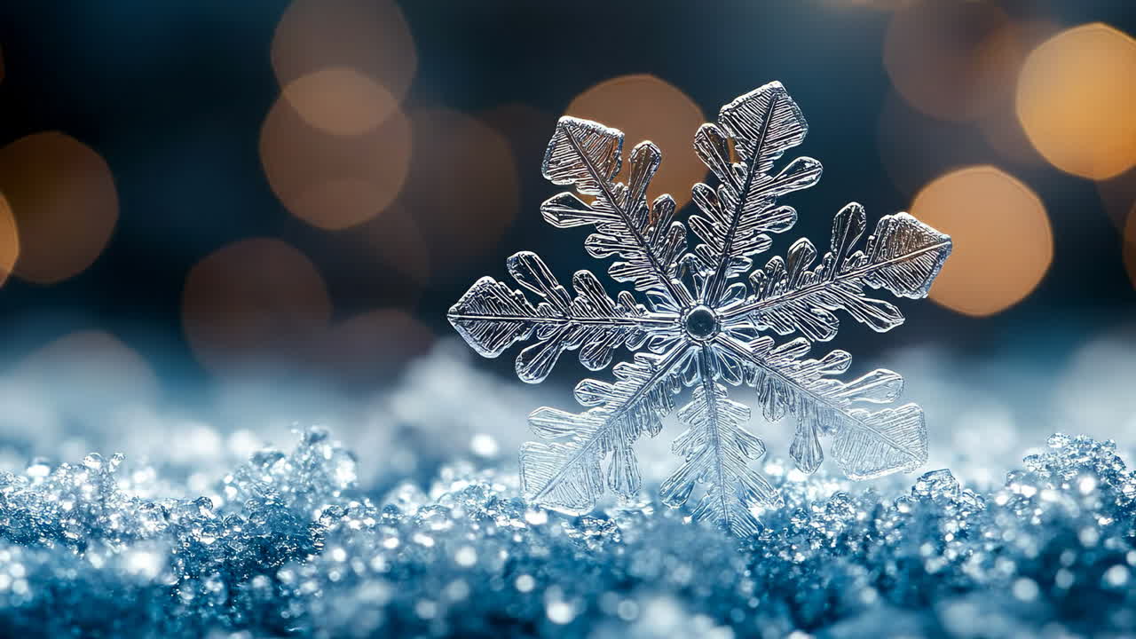 Shimmering snowflake on sparkling ice. A delicate snowflake rests on a bed of shimmering ice crystals while warm lights twinkle in the background