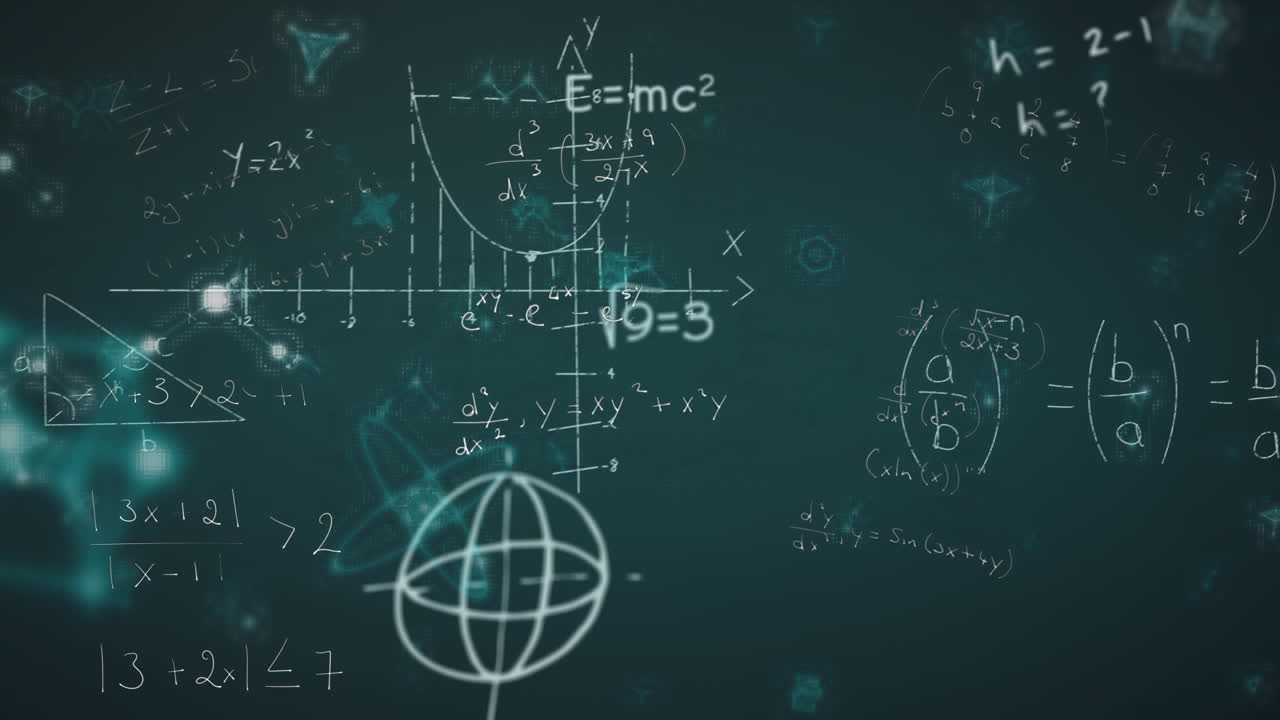 animación de ecuaciones matemáticas y símbolos médicos que se mueven sobre un fondo negro